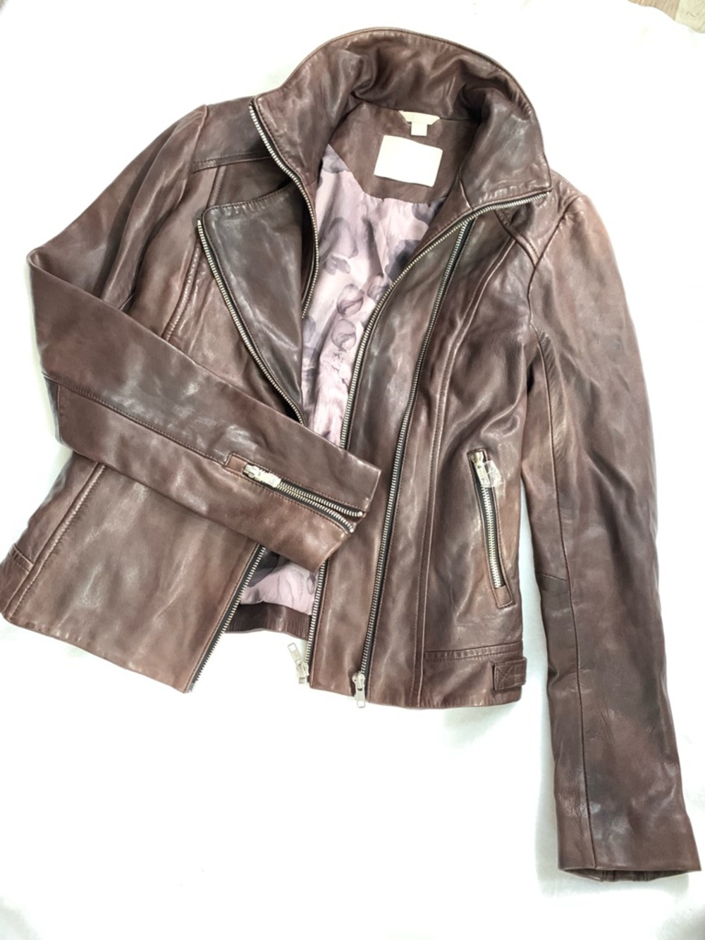 Soia & Kyo Brown Lambskin Leather Asymmetrical Zip Moto Jacket